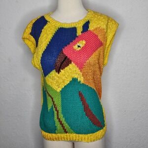 Vintage Yellow Parrot Sweater Vest Ramie Cotton Novelty Tropical Dopamine Small